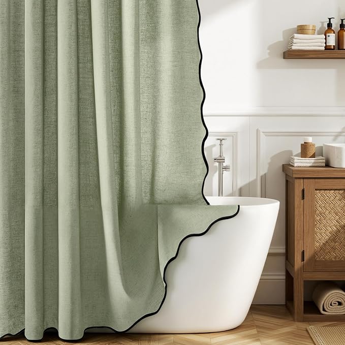 MIULEE Sage Green Scalloped Linen Shower Curtain 72W x 72L | 12 metal hooks, Linen scalloped, waterproof washable, thick heavy cloth, black border, boho farmhouse, bathroom hotel use