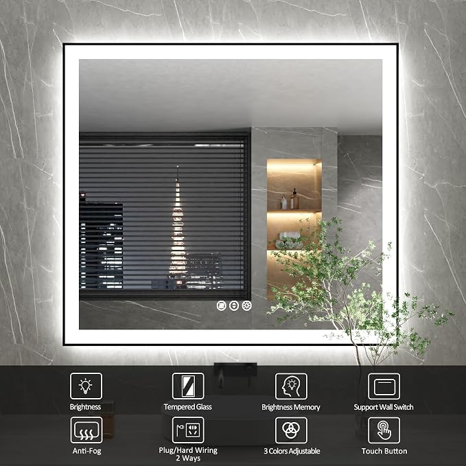 40x36 Inch LED Bathroom Mirror with Black Frame | Black Metal Frame, Front and Backlit, 3 Colors, Dimmable, Memory, Anti Fog, Tempered Glass, Lighted Mirror for Wall