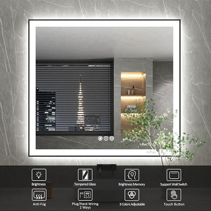 40x36 Inch LED Bathroom Mirror with Black Frame | Black Metal Frame, Front and Backlit, 3 Colors, Dimmable, Memory, Anti Fog, Tempered Glass, Lighted Mirror for Wall