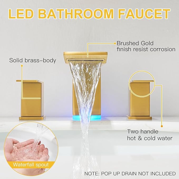 BESy Led 3 Hole Bathroom Sink Faucet, Brushed Gold Waterfall Wide Spread with 3 Colors Light Changing, Widespread Vanity Faucet 2 Handle with Supply Lines