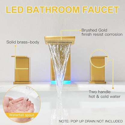 BESy Led 3 Hole Bathroom Sink Faucet, Brushed Gold Waterfall Wide Spread with 3 Colors Light Changing, Widespread Vanity Faucet 2 Handle with Supply Lines