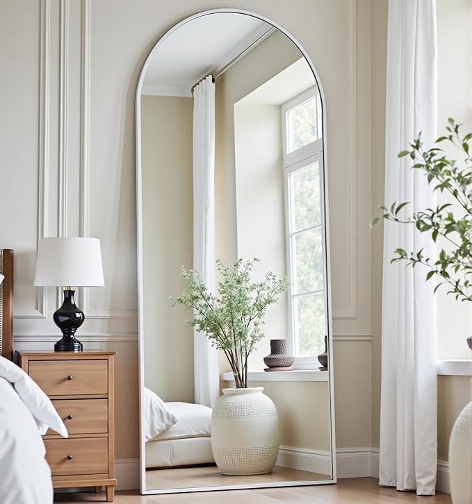 Dewfig Arched Full Length Mirror, 58"X18" Large Full Body Mirror, White | Aluminum Alloy Frame Floor Mirror, HD Shatterproof Tempered Glass, Lean/Stand/Wall for Living Room,Bedroom, Dressing Room