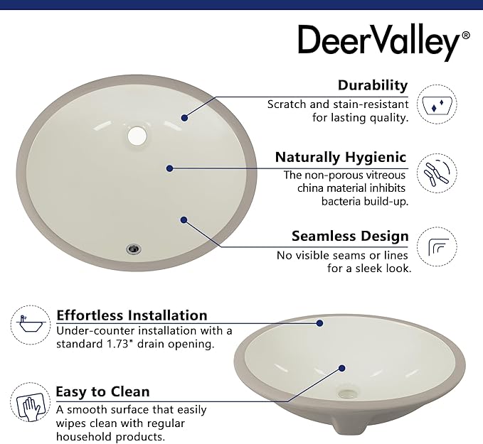 DeerValley DV-1U303BN Bone Undermount Bathroom Sink 18'' x 15'' Oval Ceramic Sink Bathroom Vessel Sink with Overflow Hole