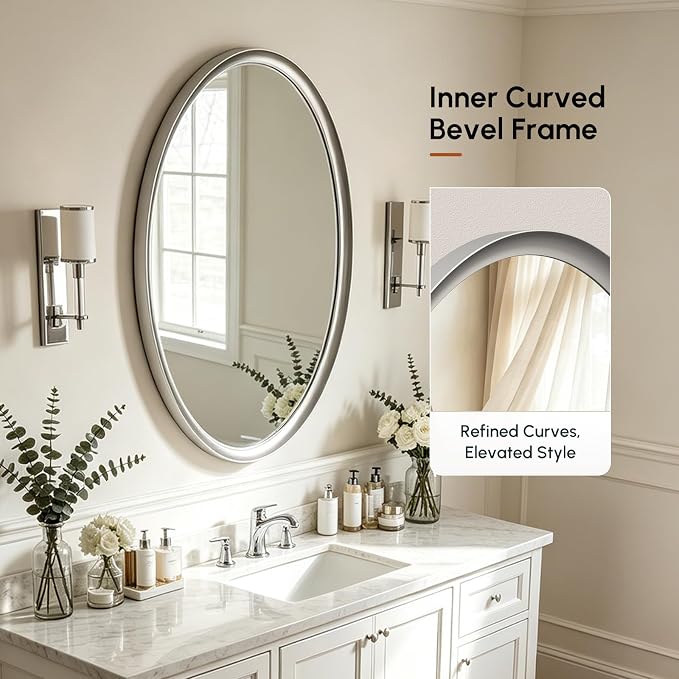 Brushed Nickel Oval Bathroom Mirror 20x28 Inch | Silver Vanity Mirror, Crystal-Clear HD Glass, Rust-Proof Aluminum Frame, Inner-Curved Decor for Bedroom, Entryway Renovation