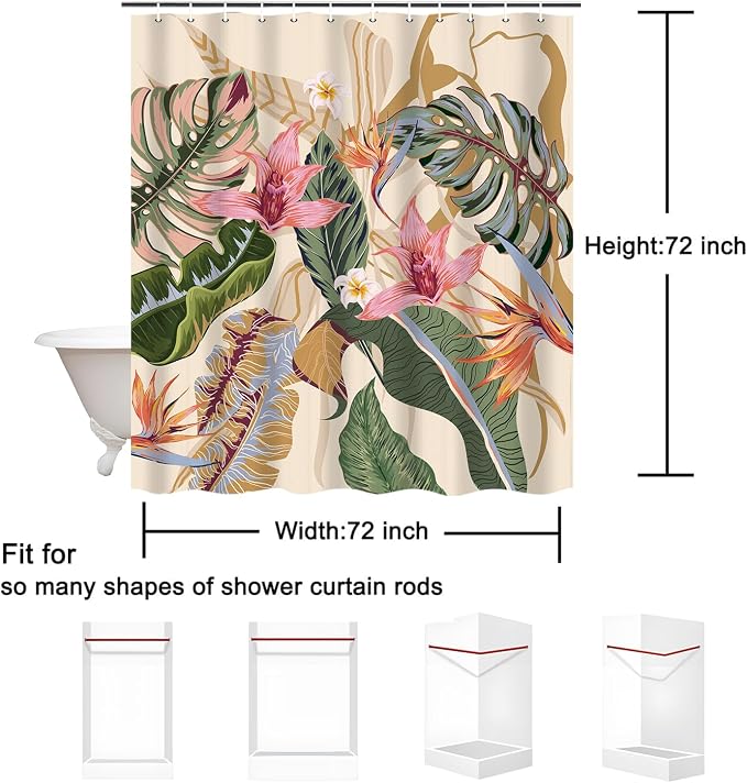 Tropical Shower Curtain Waterproof Fabric Bathroom Curtain with Hooks 72x72 inch, Colorful Floral Jungle Plant Leaf Bathroom Decor