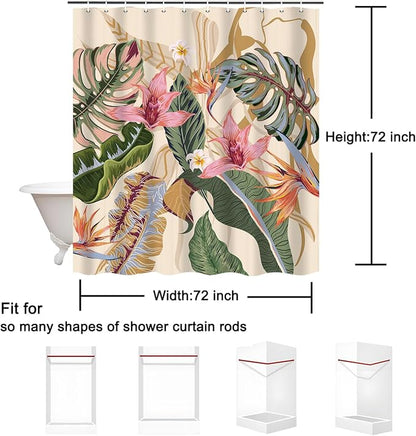 Tropical Shower Curtain Waterproof Fabric Bathroom Curtain with Hooks 72x72 inch, Colorful Floral Jungle Plant Leaf Bathroom Decor