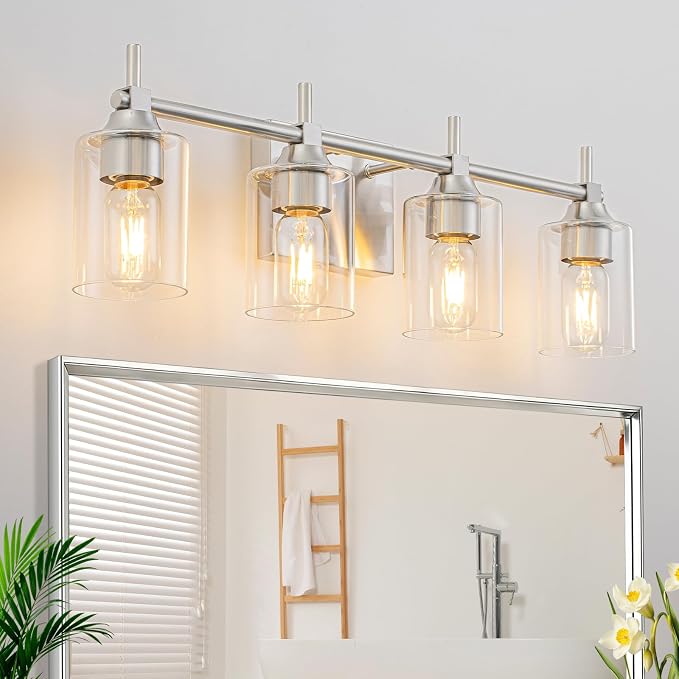 4-Light Modern Bathroom Vanity Light,Brushed Nickel Light Fixtures for Bathroom,Modern Wall Light Over Mirror with Glass E26 Socket (Bulbs Not Included)