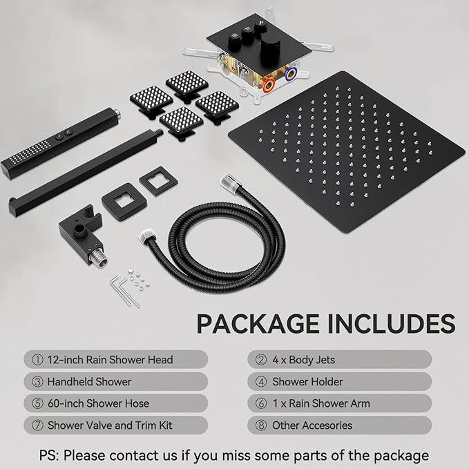 Shower System with Body Jets, STARBATH 12" Rain Shower with 2 in 1 Handheld and 4 Body Jets, Can Use All at Once, Push Button Thermostatic Valve and Trim Kit Complete Shower Faucets Sets, Matte Black