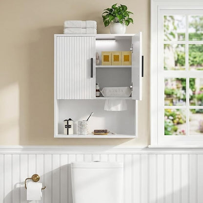 Modern Fluted Bathroom Wall Cabinet with Motion Sensor LED Light, White Over The Toilet Storage with Tissue Dispenser, Soft-Close Hanging Medicine Cabinet with Adjustable Shelves & Open Rack