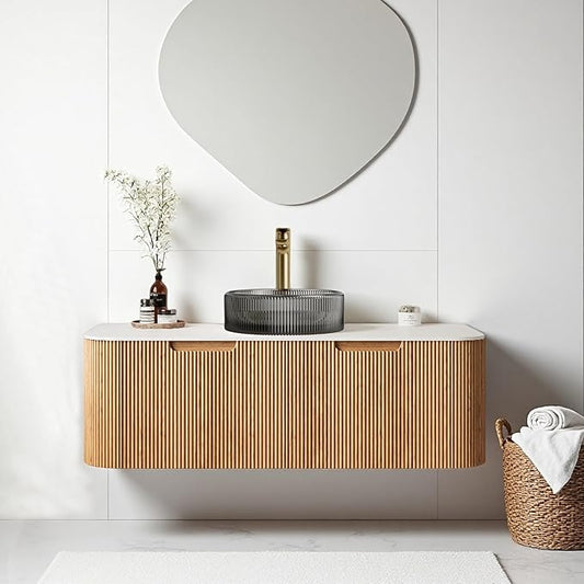 48" Floating Bathroom Vanity with Sink, Plywood Storage Cabinet with Transparent Black Glass Basin and Marble Top, 2 Large Soft-Closing Storage Drawers, Pre-Assembled, Nature Wood