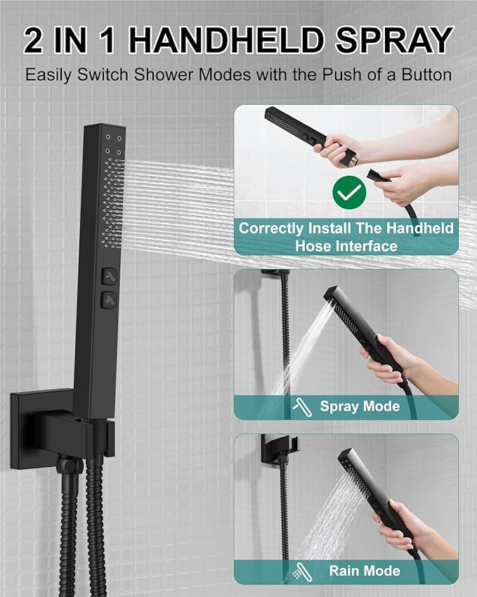 Shower Faucet Set Rainfall Shower System with Square Showerhead and Handle Set Fixture with 2 in 1 Function Handheld Sprayer Wall Mounted Trim Repair Kit Rough-in Valve 16 Inch Matte Black