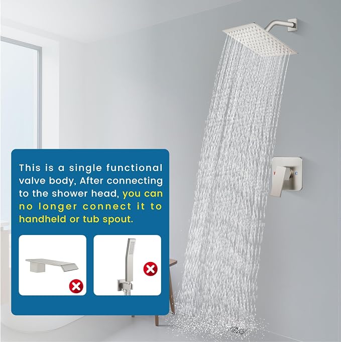 Brushed Nickel Shower Faucet Set, 8 Inch Rain Shower System with Valve | Complete Rain Shower Set with Valve, Single Handle Wall Mount Design