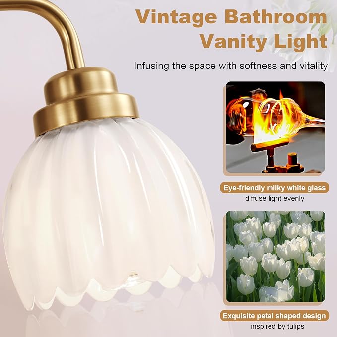 maesta Gold Broom Light Fixture,3 Light Vintage Vanity Light Over Mirror | Vintage Vanity Light, Brushed Gold Metal & Milk White Glass Shades, Anti-Rust, Easy to Install for Bathroom Hallway Bedroom