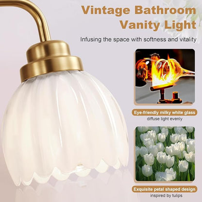 maesta Gold Broom Light Fixture,3 Light Vintage Vanity Light Over Mirror | Vintage Vanity Light, Brushed Gold Metal & Milk White Glass Shades, Anti-Rust, Easy to Install for Bathroom Hallway Bedroom