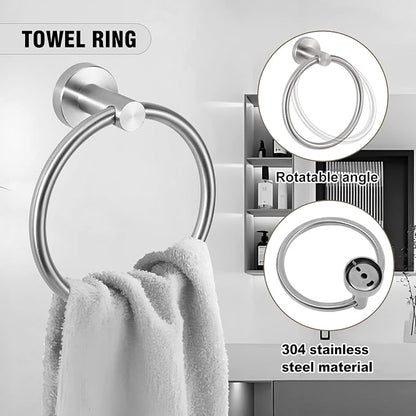 5 Piece Modern Style Wall Mounted Bathroom Hardware Set | #304 Stainless Steel, 24" Towel Bar Mount, Towel Rings, L Shape Toilet Paper Holder, Bathrobe Hook (Brushed Nickel)