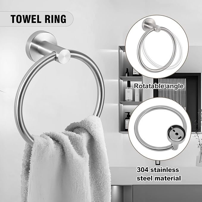 5 Piece Modern Style Wall Mounted Bathroom Hardware Set | #304 Stainless Steel, 24" Towel Bar Mount, Towel Rings, 2 Pillar Toilet Paper Holder, Bathrobe Hook (Brushed Nickel)