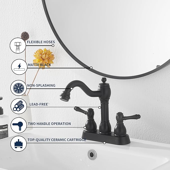 GGStudy Matte Black Bathroom Faucet 2 Handles 4 Inches Centerset RV Black Bathroom Vanity Faucet with Drain Assembly and Supply Hose Lavatory Faucet