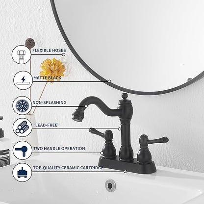 GGStudy Matte Black Bathroom Faucet 2 Handles 4 Inches Centerset RV Black Bathroom Vanity Faucet with Drain Assembly and Supply Hose Lavatory Faucet