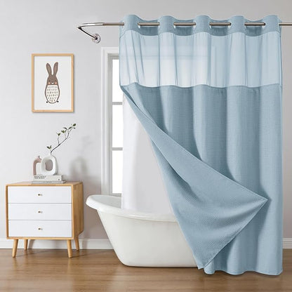 eachope No Hook Waffle Shower Curtain with Snap-in Liner, 71x74 Inch, Teal | 230 GSM waffle weave fabric, waterproof liner set with 2 bottom magnets, mesh top window, washable, for bathroom or hotel use