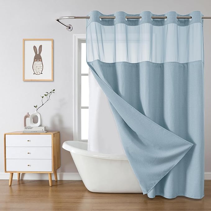 eachope No Hook Waffle Shower Curtain with Snap-in Liner, 71x77 Inch, Teal | 230 GSM waffle weave fabric, waterproof liner set with 2 bottom magnets, mesh top window, washable, for bathroom or hotel use