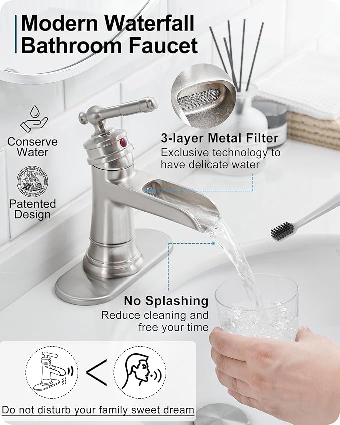 Brass Brushed Nickel Bathroom Faucet, Waterfall Faucet for Bathroom Sink 1 Hole or 4 Inch 3 Holes, One Handle with Deck Plate, Pop Up Drain & cUPC Supply Hoses for Modern Lavatory RV Washroom