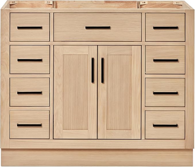 ARIEL Hepburn 42-inch Bathroom Vanity Base Cabinet,Solid Wood, 2 Soft Closing Doors, 9 Dovetail Drawers, White Oak