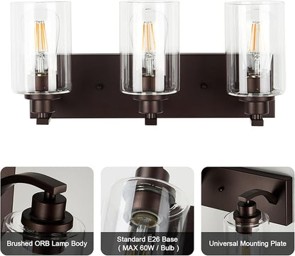 3-Light Bathroom Light Fixtures Modern ORB Vanity Lights for Bathroom Lighting Fixtures Over Mirror with Clear Glass Shade for Cabinet Mirror Bedroom Hallway