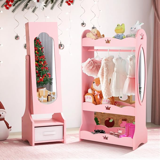 CHARMAID Kids Jewelry Armoire Cabinet - Standing jewelry Organizer for Girls, Full Length Mirror, Storage Drawers and Shelves, Kids Vanity Dressing Mirror with Storage (Pink)