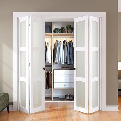 SMARTSTANDARD Bifold Door for 72" x 80-3/4" Opening, Tempered Frosted Glass | Closet Folding Doors with Hardware kit Included, White, Water-Proof PVC Surface, Easy Install, Space-Saving