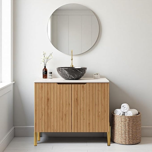 30" Bathroom Vanity with Sink, Bathroom Storage Cabinet with Black Bowl Shaped Ceramic Basin and Roma Travertine-Pattern Sintered Stone Top and Soft Closing Doors, Freestanding Vanities, Natural Wood
