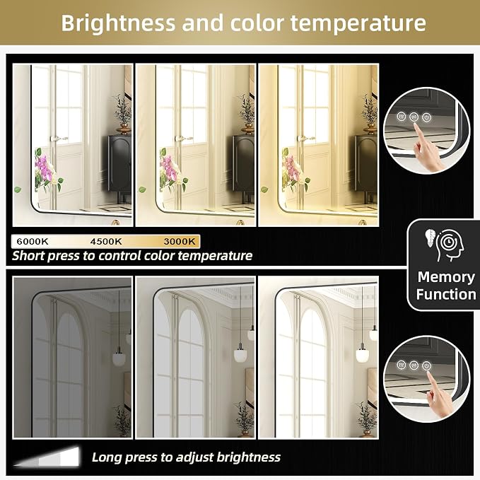 LED Mirror for Bathroom 55X32 Inch Black Framed with Anti-Fog, Stepless Dimmable, Front Lit, LED Bathroom Vanity Mirror for Wall, Memory Function, Shatter-Proof