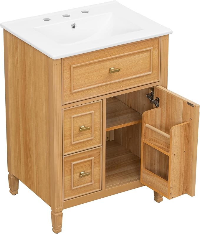 24" Modern Bathroom Vanity with Ceramic Sink, Solid Wood Frame Freestanding Storage Cabinet w/2 Drawers & Tilt-Out Drawer, Door Rack & Adjustable Shelf, Golden Metal Handles, Wood