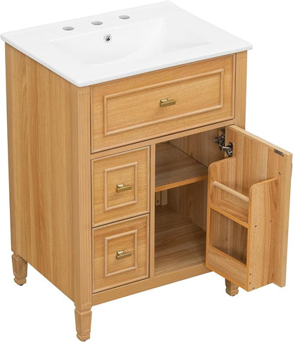 24" Modern Bathroom Vanity with Ceramic Sink, Solid Wood Frame Freestanding Storage Cabinet w/2 Drawers & Tilt-Out Drawer, Door Rack & Adjustable Shelf, Golden Metal Handles, Wood