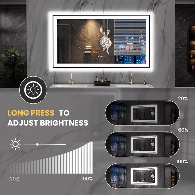 LOAAO 55"X30" LED Bathroom Mirror Black Framed | Anti-Fog, Dimmable, Memory Function, Tempered Glass, Lighted Vanity Mirror for Wall