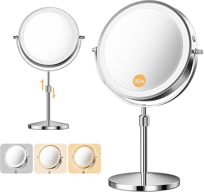 Double-Sided Makeup Mirror with Light, 1X/30X, 3 Colors, 3200mAh | 360° Rotating Mirror with Adjustable Brightness for Makeup, Skincare, and Vanity Use