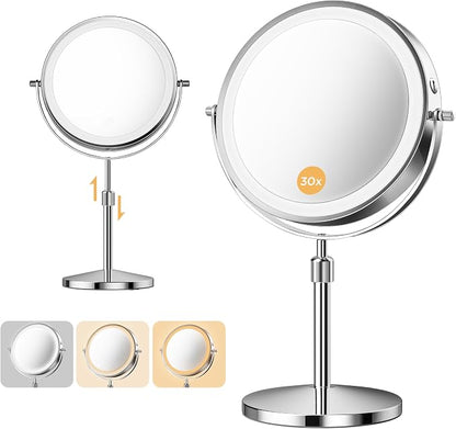 Double-Sided Makeup Mirror with Light, 1X/30X, 3 Colors, 3200mAh | 360° Rotating Mirror with Adjustable Brightness for Makeup, Skincare, and Vanity Use