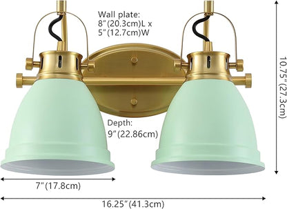 JONATHAN Y 16.25" Mint Green/Brass Gold 2-Light LED Vanity Light, Adjustable Wall Sconce for Bathroom Mirror, Farmhouse Bohemian Kitchen Light, Iron Black Bell Shade (JYL1115D)