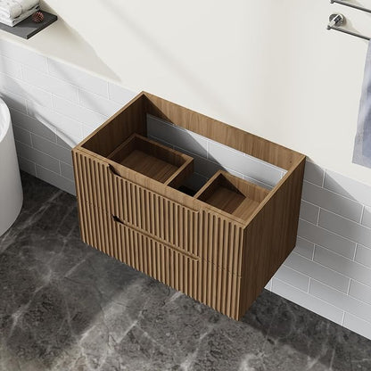 30” Wall-Mount Bathroom Vanity Floating Bathroom Cabinet in Walnut, Sink Basin Not Included