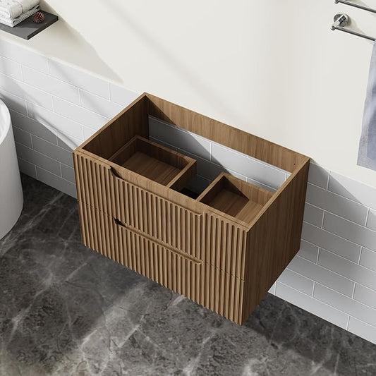 30” Wall-Mount Bathroom Vanity Floating Bathroom Cabinet in Walnut, Sink Basin Not Included