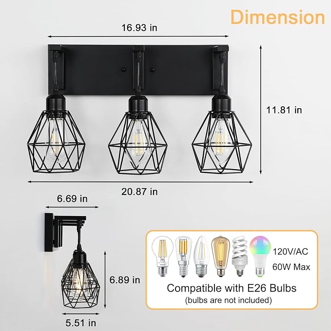 Somniferous Farmhouse Bathroom Light Fixtures, 3 Light Bathroom Vanity Lights Over Mirror, Black Vanity Light with Caged Metal Shade, Rustic Wall Sconce for Bedroom, Living Room, Hallway, E26 Socket