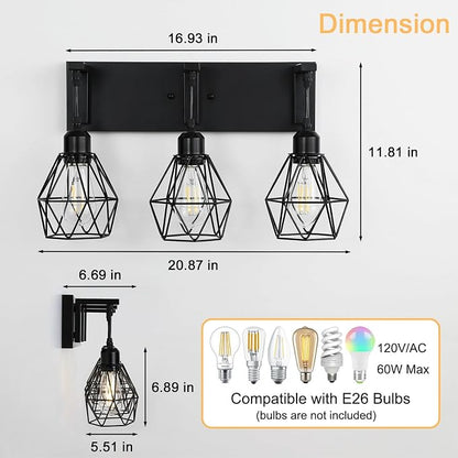 Somniferous Farmhouse Bathroom Light Fixtures, 3 Light Bathroom Vanity Lights Over Mirror, Black Vanity Light with Caged Metal Shade, Rustic Wall Sconce for Bedroom, Living Room, Hallway, E26 Socket