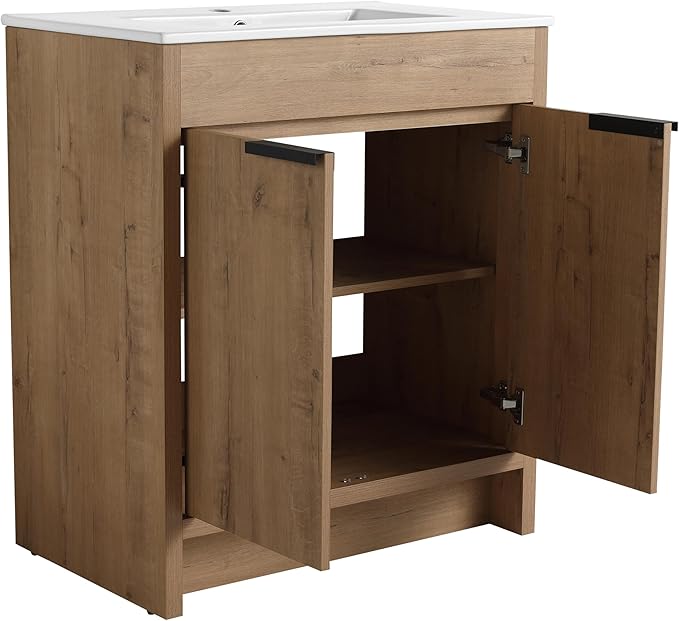 SSLine 30-Inch Bathroom Vanity with Sink Mid-Century Bathroom Vanities with Top Basin Floor Wood Bathroom Sink Cabinet with Soft-Close Doors & Adjustable Storage Shelves (Natural Brown)