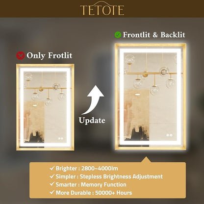 48 x 32 Bathroom LED Mirror Brushed Gold Metal Frame Frontlit & Backlit Vanity Mirror Stepless Dimmable Anti-Fog 3 Colors White/Warm/Natural Light up Vanity Wall-Mounted