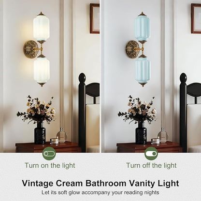 Vintage Milk Glass Bathroom Vanity Light, 2-Light Vintage Wall Sconce with Antique Brass Finish Base & Mint Blue Glass Shad, Wall Sconce Lighting for Mirror, Living Room, Gallery (Bulbs Included)