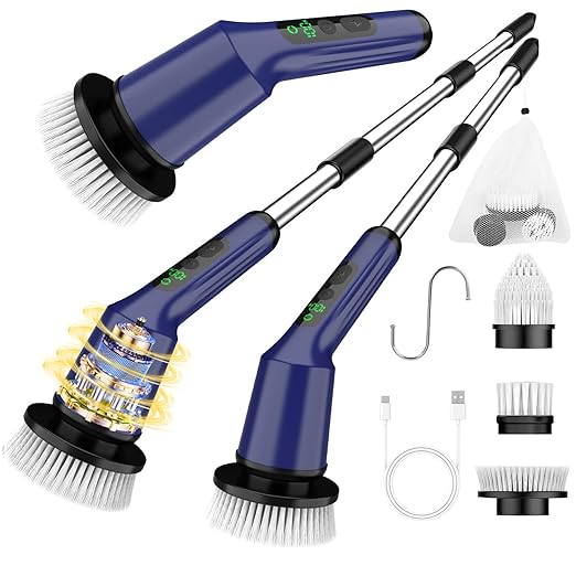 Electric Spin Scrubber for Bathroom, Shower Scrubber with Long Handle | Shower Cleaner Brushes, IPX7 Waterproof & 2 Speed, 3 Brush Heads, 90min Runtime, Bathroom Cleaning Supplies for Toilet Tub