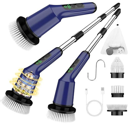 Electric Spin Scrubber for Bathroom, Shower Scrubber with Long Handle | Shower Cleaner Brushes, IPX7 Waterproof & 2 Speed, 3 Brush Heads, 90min Runtime, Bathroom Cleaning Supplies for Toilet Tub
