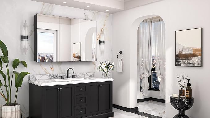 Keonjinn 48x32 Inch Black Medicine Cabinet with Mirror, HD Tempered Glass | Effortless Assembly, Adjustable Shelves, Wall Mount or Recessed, Soft Close with DTC Hinges, Bathroom Mirror with Storage