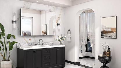 Keonjinn 48x32 Inch Black Medicine Cabinet with Mirror, HD Tempered Glass | Effortless Assembly, Adjustable Shelves, Wall Mount or Recessed, Soft Close with DTC Hinges, Bathroom Mirror with Storage