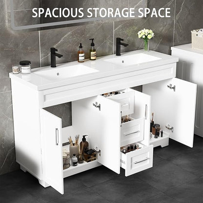 60 Inch Bathroom Vanity with Sink,Modern Solid Wood Bathroom Storage Vanity w/Undermount Double Sink, Quick Assemble Cabinet w/Soft Closing Doors & Full Extension Drawers,White