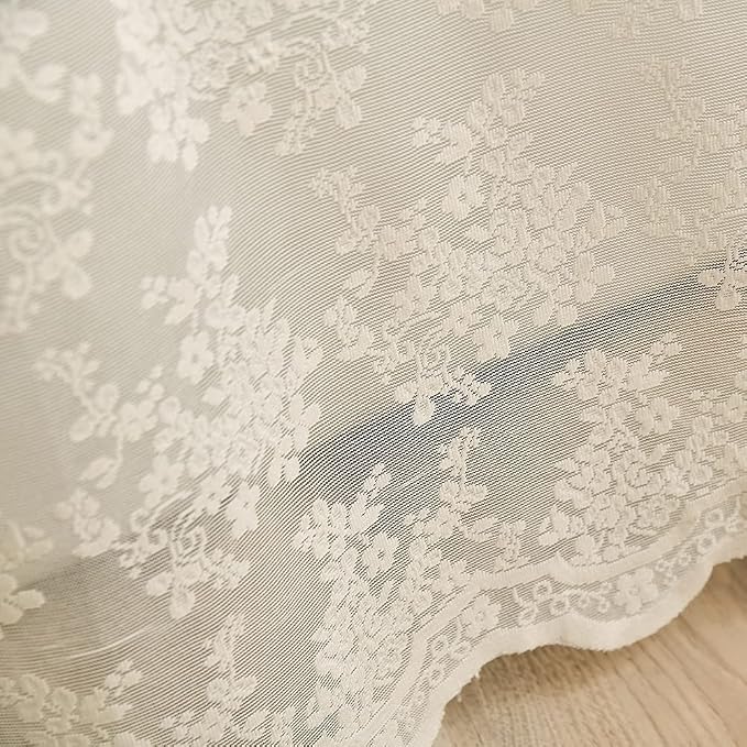 Ivory Lace Shower Curtain 72x72, Vintage Shabby Chic with Attached Valance | Fancy Shower Curtain with Scalloped, Flower Lace, Light-Filtering for Luxury Elegant Shabby Chic Bathrooms Light Beige